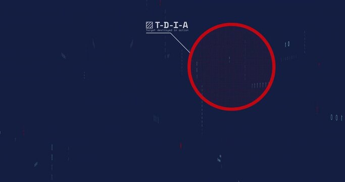 Animation of airplane, circle over binary codes and computer language against abstract background