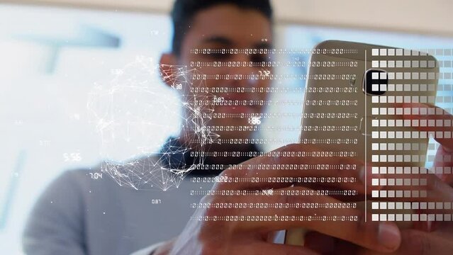 Animation of data processing over biracial businessman using smartphone