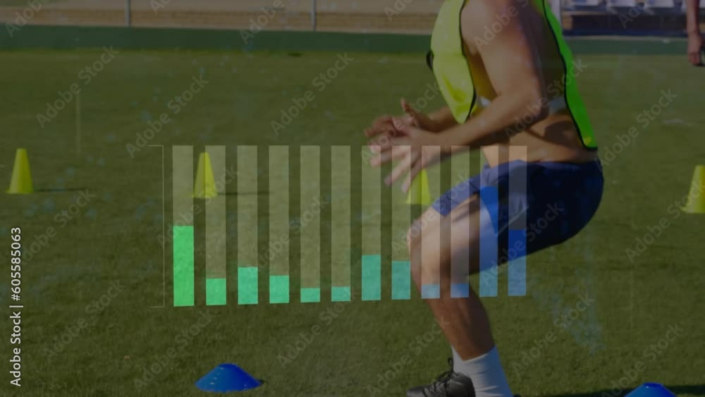 Poster animation of data processing over caucasian football player on pitch