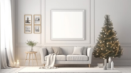 Mock up poster frame in cozy interior background, Christmas decoration, 3D render. Generative AI