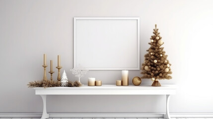 Christmas decoration, Mock up poster frame in cozy interior background, 3D render. Generative AI