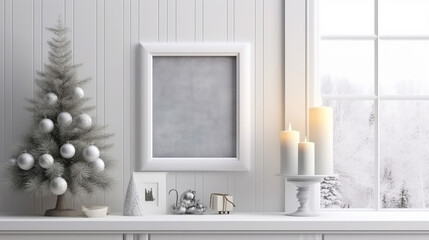 Mock up poster frame in interior scandinavian christmas and winter decoration. Generative AI