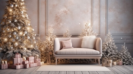 Christmas decoration, Mock up poster frame in cozy interior background, 3D render. Generative AI