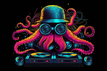 Octopus hipster DJ with a vinyl disc and a player in neon color. An illustration of Generative AI isolated on a black background.