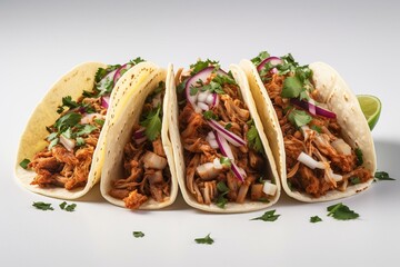 Three pork street tacos on white background. Generative AI