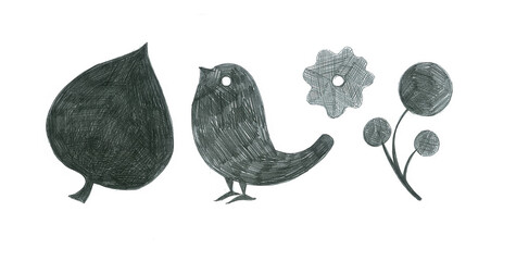 The elements are drawn with a simple pencil on a white background. Different shades of gray, strokes are visible. A leaf, a bird in profile, a flower and round flowers on a shoot.