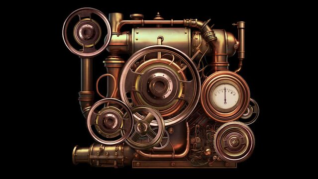 Vintage Steam Engine With Rotating Parts And Elements. Animation On The Theme Of Steampunk, Production And Machines, History And Relics.