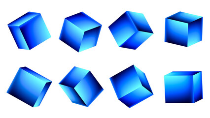 3d blue metallic gradient cubes set on transparent background.