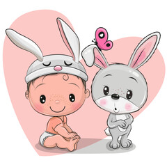 Cartoon Baby in a rabbit hat and rabbit