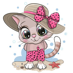 Cartoon Kitty on the beach in a straw hat
