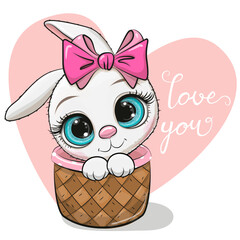 White Rabbit in a basket on a heart background