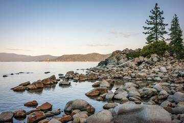Fototapeta na wymiar Golden Hour Coastal View at Lake Tahoe