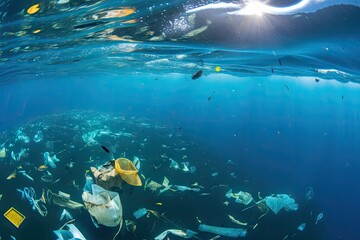 Plakat plastic pollution in the ocean, with bottles, bags and other trash floating on the surface, created with generative ai
