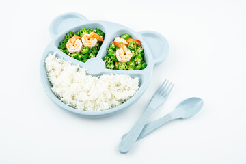 A plate of nutritious meals for kids, fried okra with shrimp and rice