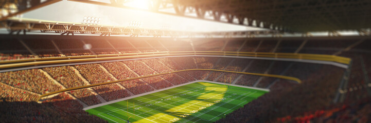 Top view image of american football arena on daytime with sunlight with yellow goal post, grass field and blurred fans at playground view. 3D render. Outdoot sport, championship, match, game concept © master1305