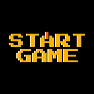 Start game text with abstract power button symbol on letter A isolated on black background.