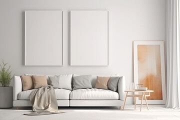 Blank white square frame on white wall in a light and modern living room. Mock up template for Design or product placement, generative AI