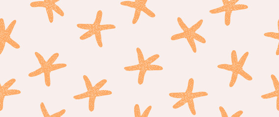 Fototapeta na wymiar Vector seamless summer background. Orange starfish on a pink background. Summer sea animals background design. Suitable for screensavers, textile design, cards, invitations and wallpapers.