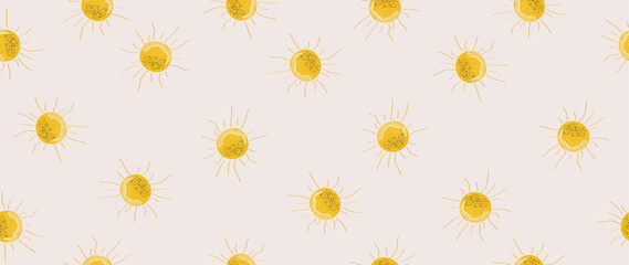 Vector flat illustration. Seamless pattern with the sun on a pale pink background. Cartoon design. Cute print. Ideal for gift wrapping, posters, covers, screensavers, textile decor, etc.