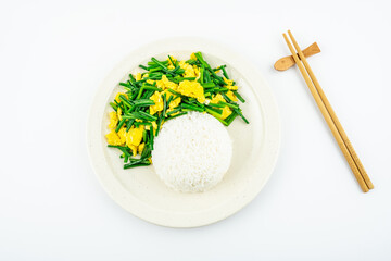 Chinese set meal with leek moss and scrambled eggs with rice