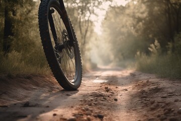 A bike wheel rolling on a gravel trail. Generative AI