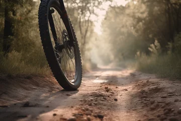 Foto op Canvas A bike wheel rolling on a gravel trail. Generative AI © Oliver