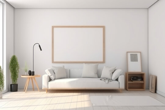 Blank white square frame on white wall in a light and modern living room. Mock up template for Design or product placement, generative AI