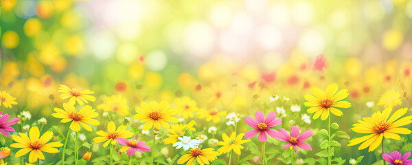 Obraz na płótnie Canvas Summer spring natural flower background banner. Wildflowers on bright sunny day with beautiful bokeh. Sunny garden in sunlight on nature outdoors. wide banner format. Generative AI