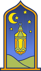 Islamic Mosque Moon and Star Decorative Lantern Flat Hand Drawn Illustration