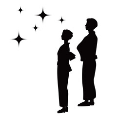 並んで星や花火を見上げる浴衣姿のカップルのシルエットのイラスト