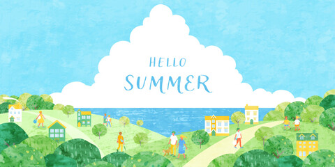 夏の街並みと人々のベクターイラスト。大きな入道雲と海の横長の背景。 © Honyojima