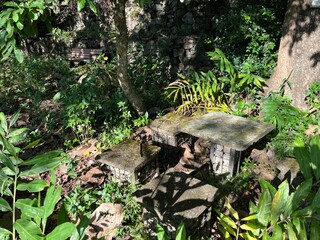 Abandoned stone table and stools in a city park with full of grass and trees under the sunlight.