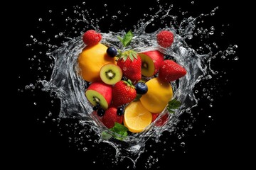 Fototapeta na wymiar Various Fruit in the heart shape with splash water, Healthy fruits Rich in Vitamins. Generative Ai