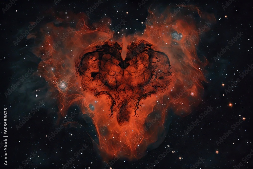 Wall mural heart nebula with silhouettes of ancient creatures from another universe, created with generative ai
