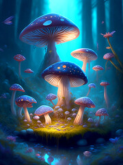 Fototapeta na wymiar fairytale magic mushrooms growing in the forest illustration generated by artificial intelligence
