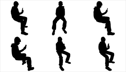 Boy with mobile devices. Black silhouettes are isolated. Teenagers and mobile phones. The teenager sits and holds the phone with one hand and looks at the screen. Side view. People use smartphones.