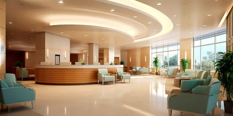 Fotobehang Detailed interior shots of a modern hospital lobby, showcasing the sleek design, comfortable seating areas, and welcoming atmosphere. Generative AI © Лилия Захарчук