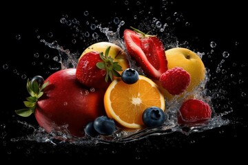 Naklejka premium Various Fruit with Water Splash on Dark Background, Healthy fruits Rich in Vitamins. Generative Ai