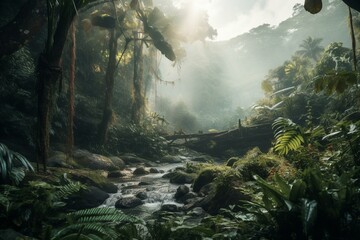 Artistic depiction of a lush, misty tropical environment with cascading waterfalls. Generative AI