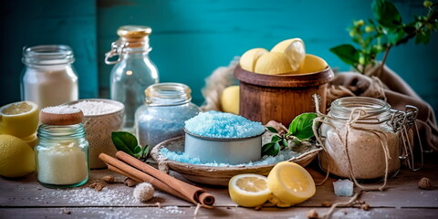 homemade natural cosmetics, such as lip balms, body butters, and bath bombs, using ingredients like shea butter, cocoa butter, and essential oils. Generative AI