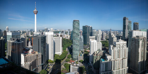 Kuala Lumpur, Malaysia - 22 February 2023: Panorama aerial view of Kuala Lumpur City Centre with tallest skyscrapper. Kuala Lumpur skyline