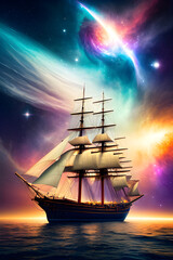 A sailing ship floating through space in a dreamlike environment with planets and nebulas.
(AI-generated fictional illustration)
