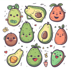 Fototapeta premium Cute Kawaii Avocado Collection