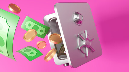 3D rendering, Gold coins and money falling out of an open safe box. The concept of currency protection. On a pink background.