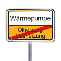 3d Illustation - Ortsschild - Ortstafel - Gasheizung - Ölheizung - Wärmepumpe - Freisteller - Freigestellt