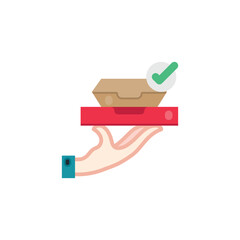 Hand holding a fast food boxs, food delivery service flat icons. Vector illustration. Isolated icon suitable for web, infographics, interface and apps.