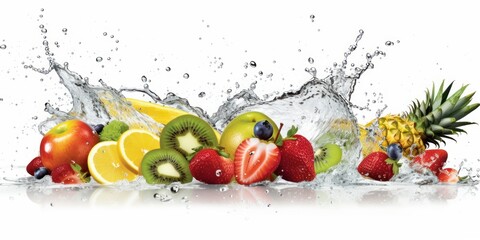 Fruit with Water Splash on White Background, Healthy fruits Rich in Vitamins. Generative Ai