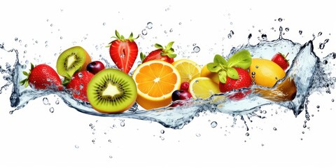 Fruit with Water Splash on White Background, Healthy fruits Rich in Vitamins. Generative Ai