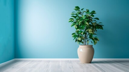 Indoor Plant in Ceramic Pot against Blue Wall and Parquet Floor, Generative AI