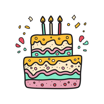 Doodle-style birthday cake drawing, colorful cartoon cake for party